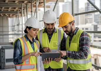 Construction Collaboration: A diverse team of construction workers meticulously examines a digital tablet on a bustling construction site.