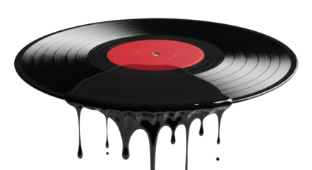 Classic black vinyl record with red label melting into dark, viscous drips on a transparent studio background, conceptualizing music's transformation