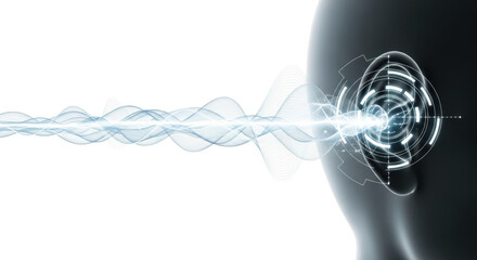 Close-up, translucent human ear & face on transparent, copy space left. Wavy sound lines flow to luminous digital interface over ear, illustrating advanced auditory processing. Concept of