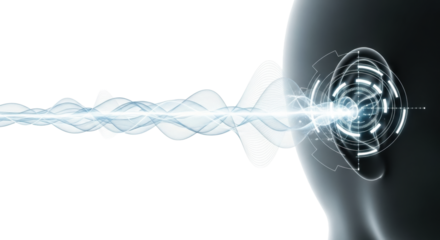 Close-up, translucent human ear & face on transparent, copy space left. Wavy sound lines flow to luminous digital interface over ear, illustrating advanced auditory processing. Concept of