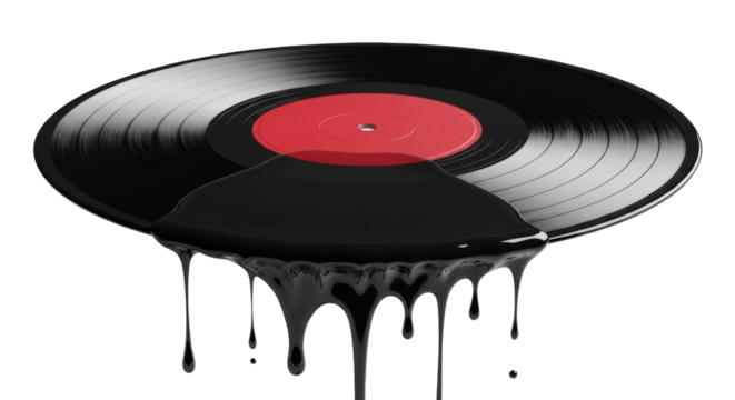 Classic black vinyl record with red label melting into dark, viscous drips on a transparent studio background, conceptualizing music's transformation - Powered by Adobe