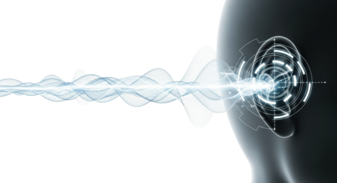 Close-up, translucent human ear & face on transparent, copy space left. Wavy sound lines flow to luminous digital interface over ear, illustrating advanced auditory processing. Concept of - Powered by Adobe