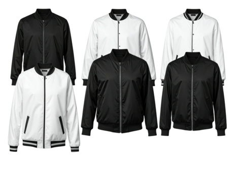 Five black and white bomber jackets, various angles, studio shot