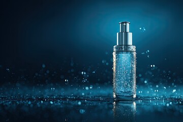 Clear bottle, water droplets, dark blue backdrop