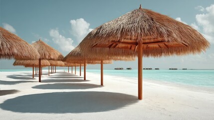 A serene beach scene showcases a row of thatched umbrellas casting shadows on the pristine white sand.