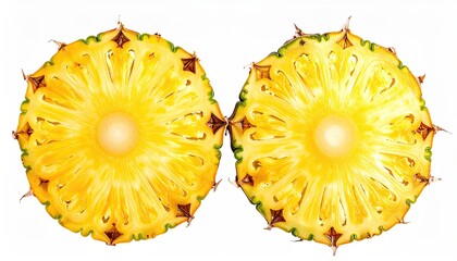 Two perfectly symmetrical pineapple slices, showing vibrant yellow flesh and dark green spiky edges against a white backdrop