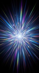 Abstract graphic design with radiating light beams of vibrant colors.