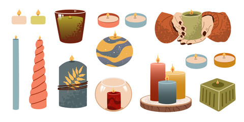 Assortment of candles in various shapes, sizes and colours. Some are lit, emitting a warm glow. Hands gently hold a single candle, creating a cozy, comfortable atmosphere.