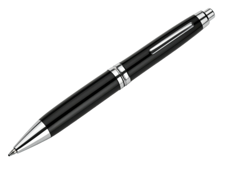 High-quality black pen with silver accents.  A sleek, modern ballpoint pen, featuring a glossy black body and silver trim. The pen's design is sophisticated and functional