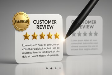 Stylus interacting with featured customer review card showing five star rating and placeholder feedback text
