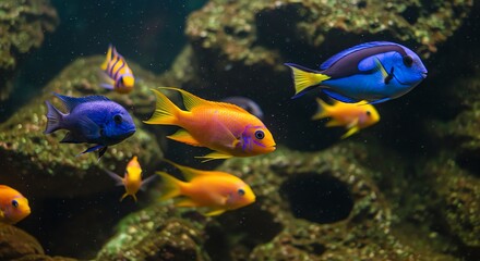 Obraz premium Colorful reef fish swimming among coral rocks