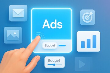 Finger tapping glowing ads button on blue digital interface with budget controls and marketing icons
