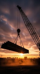 Crane lifting steel beams at sunset industrial harbor scene.