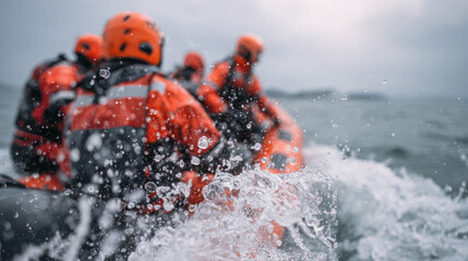 Rescue team in bright orange gear navigating rough waters on an inflatable boat, splashes of water scattered around, cloudy sky above, adventurous scene at sea.