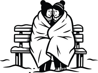 Couple wrapped in blanket on snowy bench sharing warmth and togetherness on transparent background