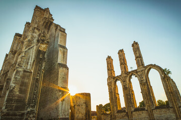 Ruins of Abbaye Saint Bertin in Saint Omer France, medieval Gothic abbey remains at sunset, historic architectural heritage landmark and cultural tourism destination in northern France.