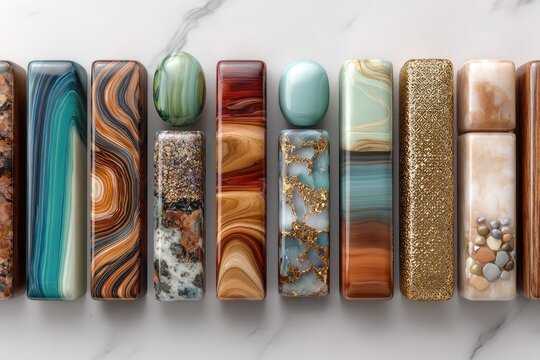 Colorful, rectangular letters arranged in a row.  Textured with swirling marble-like patterns.  Gems/stones/materials