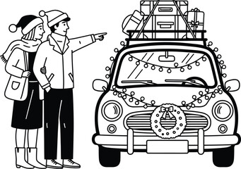 Couple heads out on a christmas road trip with gifts and luggage on top on transparent background