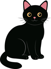 Black cute cat sitting. Vector illustration isolated on white background