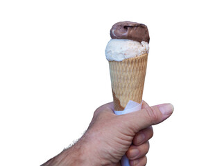 Hand holding two scoops ice cream cone