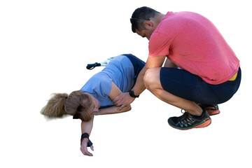 Man helping injured woman after falling during exercise