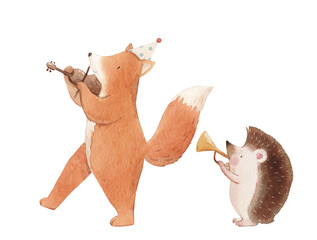 Cute watercolor fox playing violin and hedgehog with trumpet. Hand painted animal musicians illustration for nursery wall art, kids posters and party © zenina
