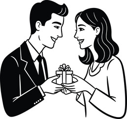 Man gives a gift to a woman in a black and white line art illustration on transparent background