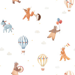 Seamless watercolor kids pattern with animals, balloons and hot air balloons. Cute hand painted nursery design for fabric, wallpaper and wrapping paper