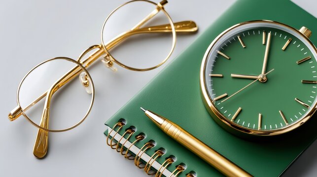 Elegant gold glasses, a green notebook, a matching pen, and a green clock arranged neatly on a white surface.