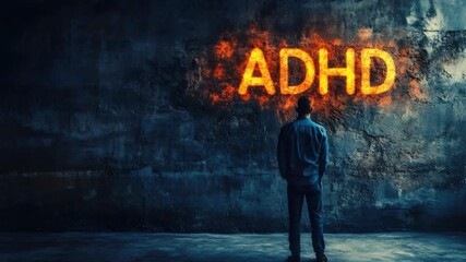 Adult African American male looking at wall with fiery "ADHD" sign Dark, moody setting - Powered by Adobe