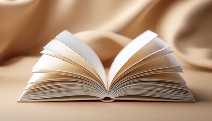 Fototapeta premium An open book with fanned pages rests on a soft beige fabric background, creating a warm and inviting atmosphere.