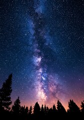 Naklejka premium Stunning night sky with vibrant Milky Way over silhouetted trees, perfect for travel blog, astronomy article, or peaceful nature backdrop