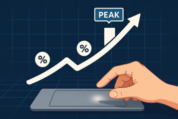 Stylized hand tapping digital performance chart with glowing arrow and peak percentage indicator
