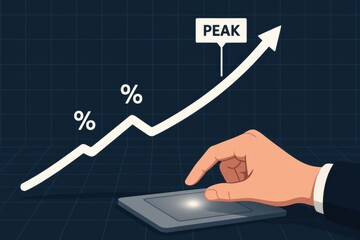 Cartoon hand tapping digital percentage chart with arrow marked PEAK showing performance growth
