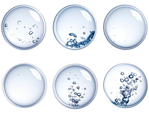 Six circular petri dish-like images showing liquid motion and bubbles