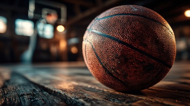 Basketball rests on a wooden court in a dimly lit gym during a practice session
