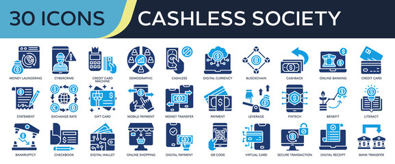 Collection of Cashless Society icons, related to Cashless, digital currency, blockchain, online banking, mobile payment and more. Solid icons vector illustation.