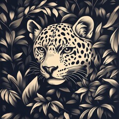 Leopard embedded in a richly textured pattern, its spots seamlessly blending into intricate designs of jungle foliage and dynamic lines.
