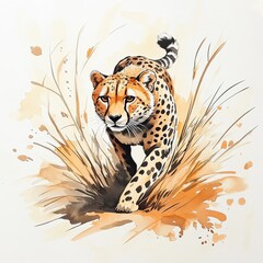 Cheetah portrayed in soft watercolor, its sleek body moving gracefully through a pastel-toned savanna.