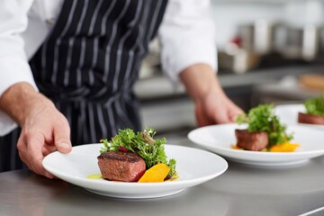 Naklejka premium Chef arranges Thanksgiving plates with turkey, vegetables, and garnish Generative AI