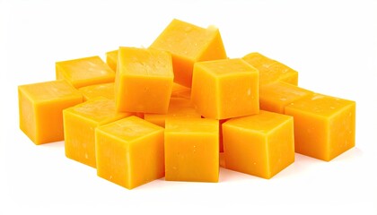 A small pile of uniformly-sized, bright yellow cheese cubes, isolated on a white background