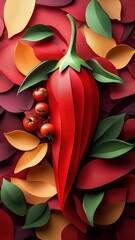 A paper art style chili sauce illustration with layered cuts and soft shadows, rich in vibrant red tones.