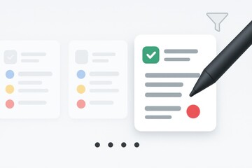 Stylized task checklist with colored status icons and pen selecting completed document
