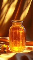 A stylized 3D orange marmalade jar with exaggerated shine and dynamic lighting, creating a dramatic effect.