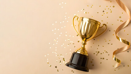 Golden Trophy with Confetti on Light Background