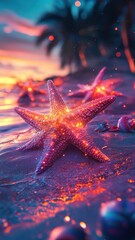 Starfish in Synthwave style, surrounded by neon colors and retro-futuristic elements, creating a vibrant, nostalgic scene.
