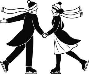 Couple skating together hand in hand on an outdoor ice rink in winter on transparent background