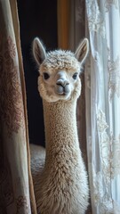 Alpaca against luxurious curtains, its soft, fluffy fur contrasting with the rich, elegant drapery in a sophisticated setting.