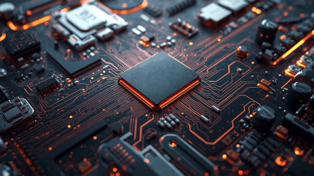 Central motherboard, with mix of sharp and blurred elements, conveying sense of advanced innovation, and sleek modern design