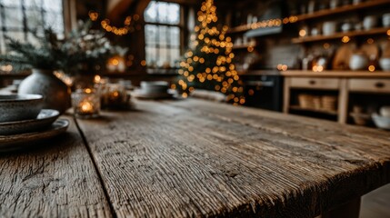 Cozy dining space decorated for winter with a rustic wooden table and festive lights in a warm kitchen setting